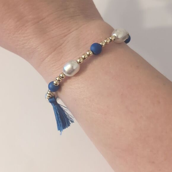634 Talbots Blue Gold and Pearl Beaded Stretch Bracelet with Blue‎ Tassel - Picture 1 of 4